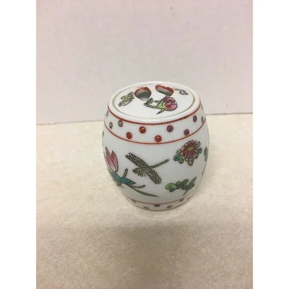 Vintage Porcelain Chinese Barrel Shaped Covered Trinket Box - Picture 3 of 6